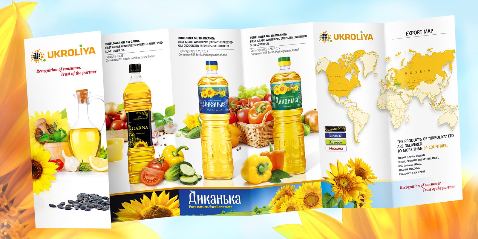 ТМ Диканька, ТМ Garna, Маслинка, Хуторок, разработка буклета для компании Укролия корпоративный сайт для агрокомпании подсолнечное масло решения для брендов GBS Brand Expert